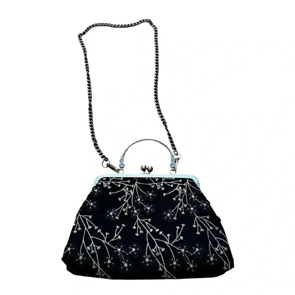 Evening Floral Top Handle Shoulder Handbag Black Gold Chain Vintage Look - Picture 2 of 11